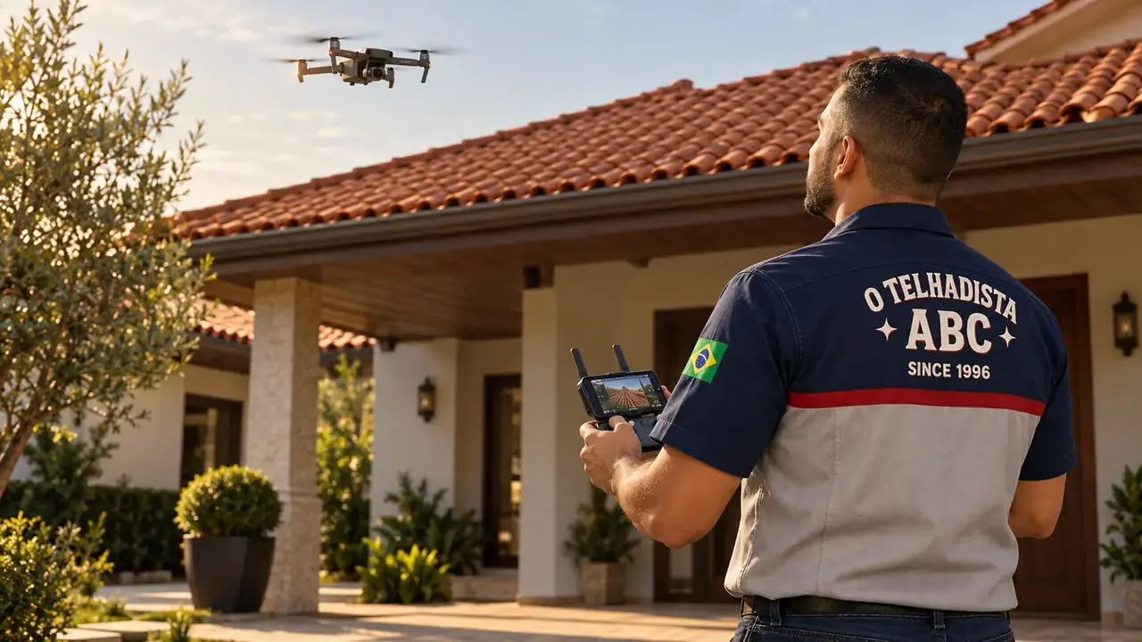 Cena ilustrativa: operador com uniforme azul-marinho e cinza do O Telhadista ABC controlando um drone diante de um telhado.