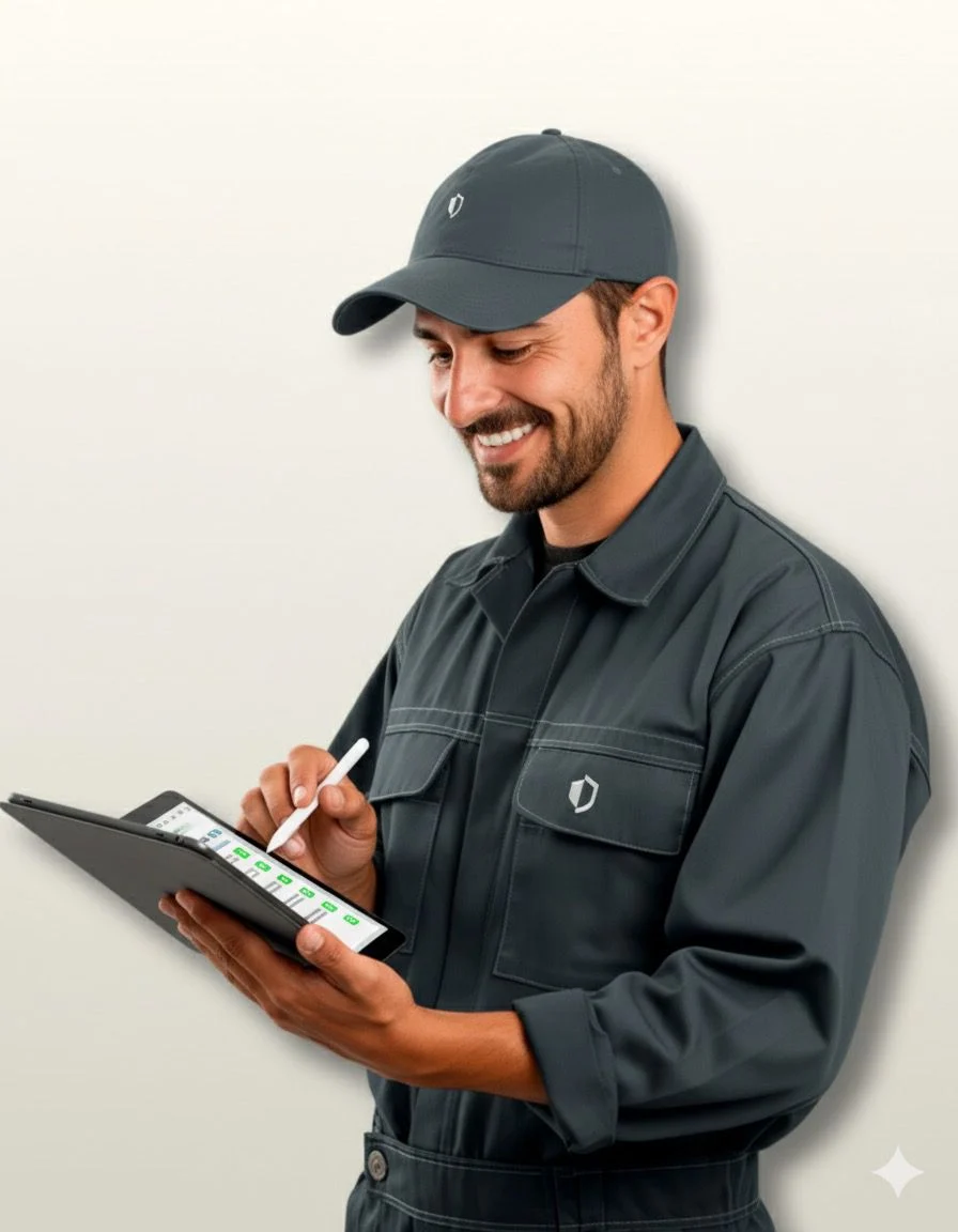 Profissional do Telhado Fiel registrando a vistoria em um tablet
