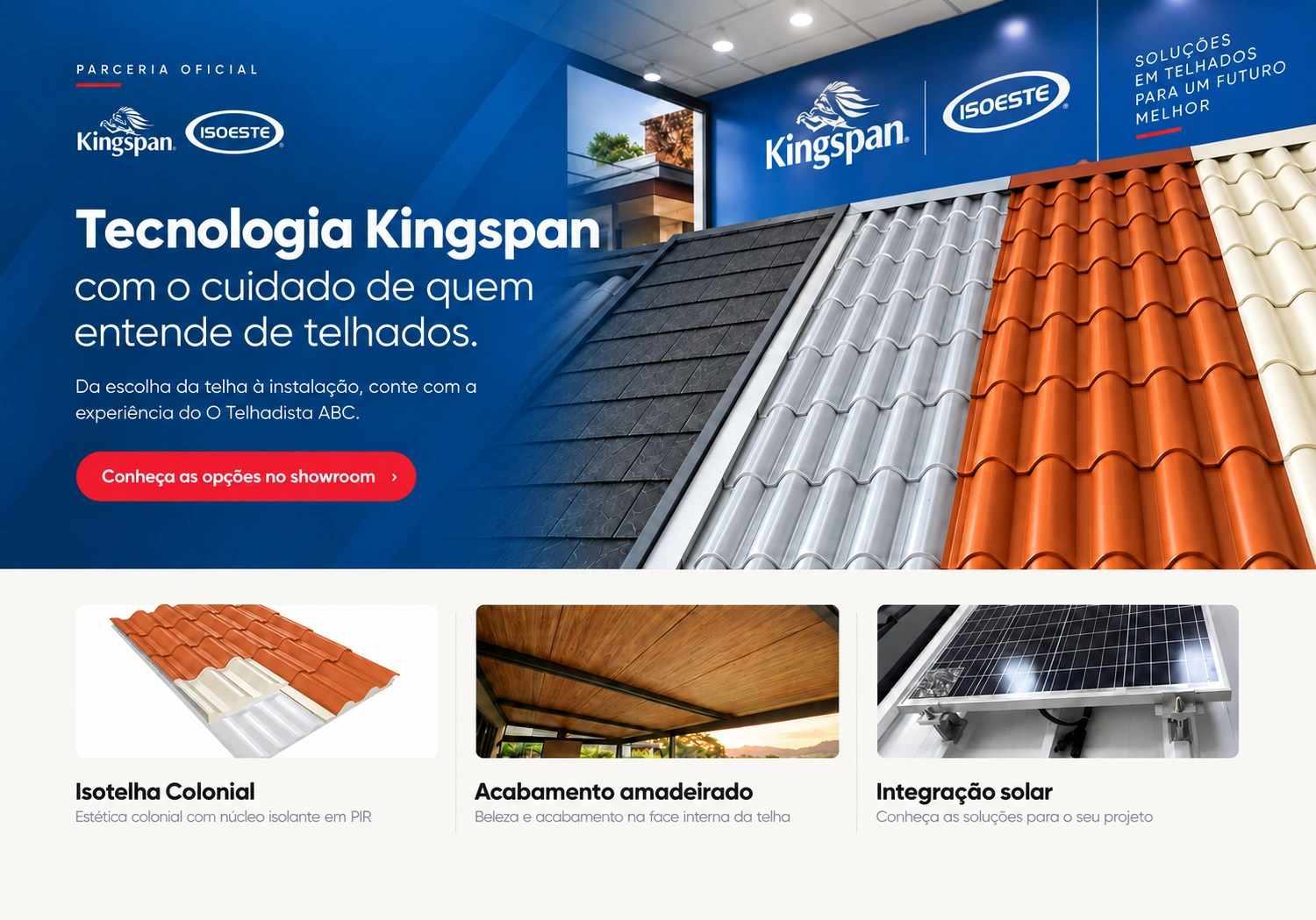 Telhas em exposição com a marca Kingspan Isoeste ao fundo